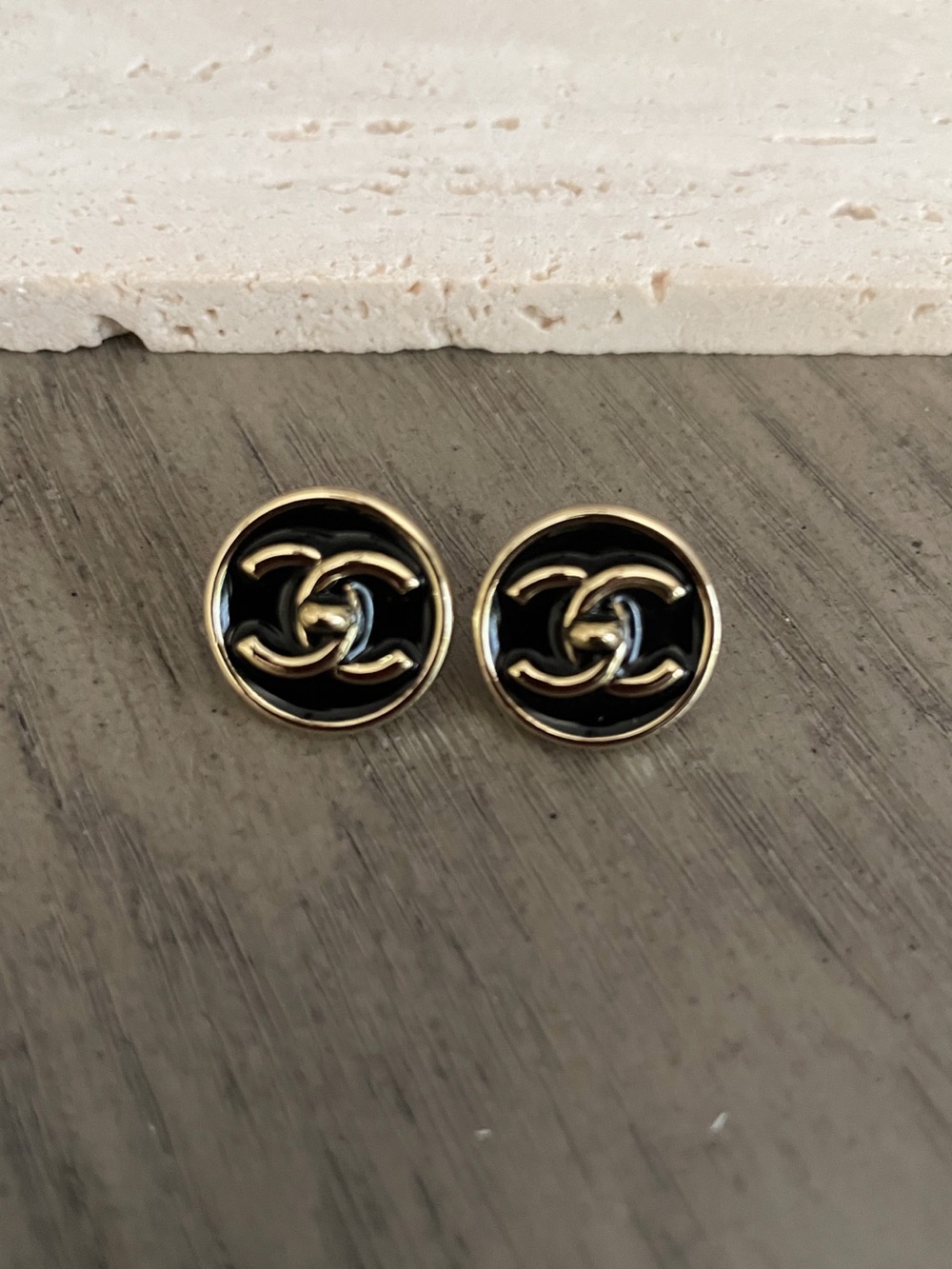 CHANEL Black and Gold CC Round Stud Earrings